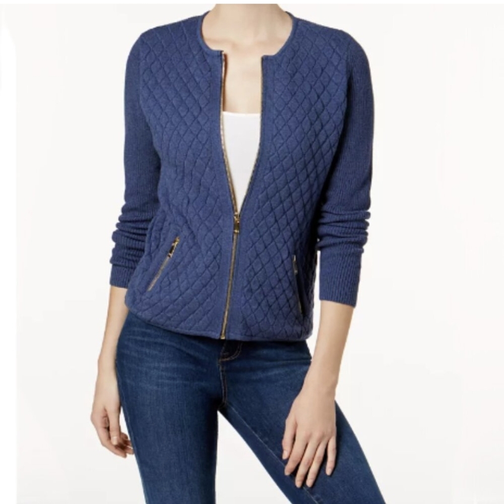 Charter Club Blue Quilted Zip-Up Sweater